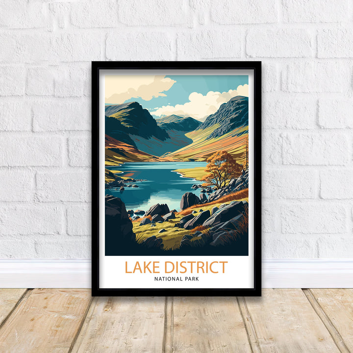Lake District Travel Poster UK National Park Wall Art - England Travel Poster Lake District Home Decor Gift for Hikers - Nature Illustration