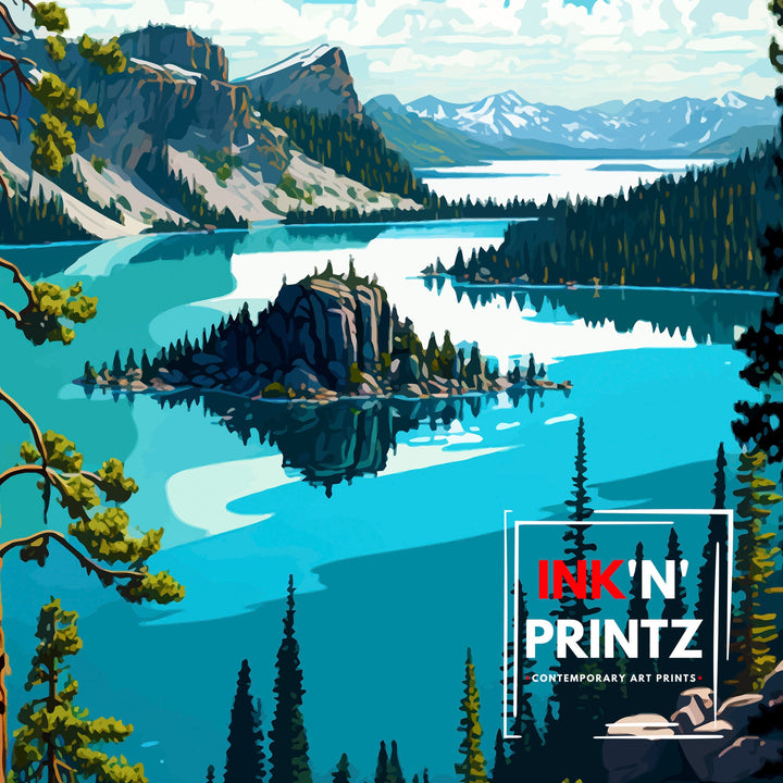 Emerald Bay Travel Print| Lake Tahoe Wall Art Emerald Bay Home Deco Lake Tahoe Travel Poster Emerald Bay Illustration Lake Tahoe Gift