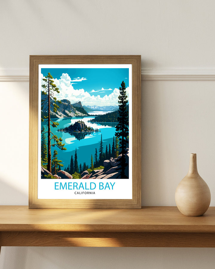 Emerald Bay Travel Print| Lake Tahoe Wall Art Emerald Bay Home Deco Lake Tahoe Travel Poster Emerald Bay Illustration Lake Tahoe Gift