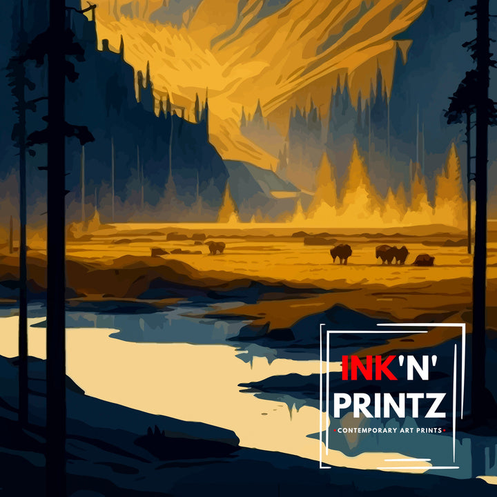 Yellowstone National Park Travel Print Yellowstone Wall Decor Yellowstone Illustration National Park Travel Poster Yellowstone Gift, Home