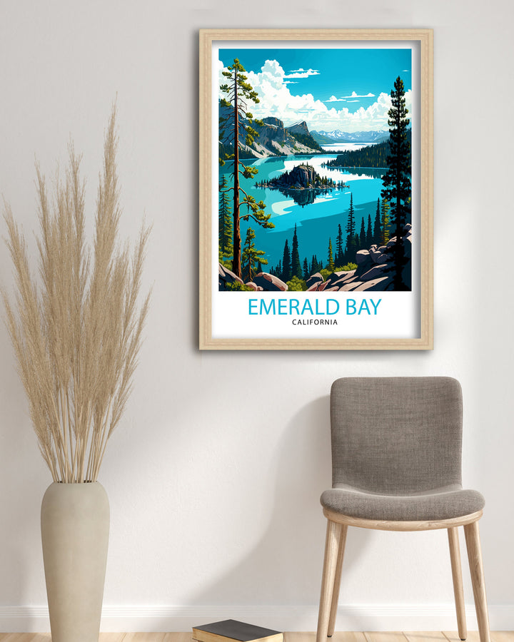 Emerald Bay Travel Print| Lake Tahoe Wall Art Emerald Bay Home Deco Lake Tahoe Travel Poster Emerald Bay Illustration Lake Tahoe Gift