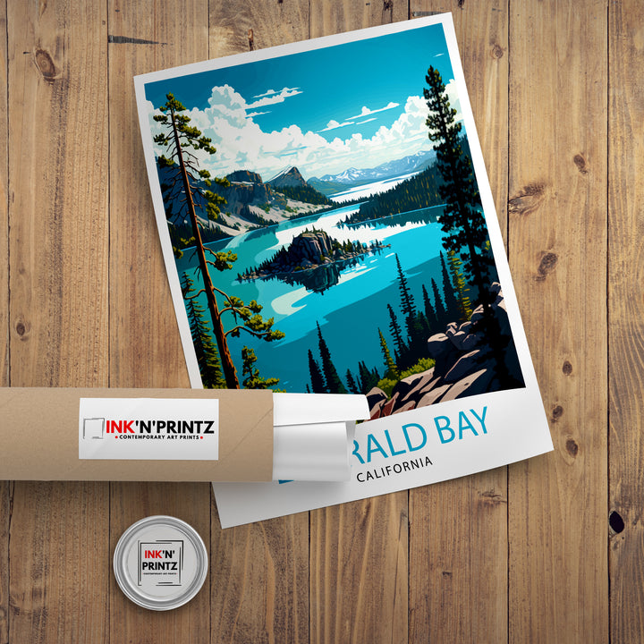Emerald Bay Travel Print| Lake Tahoe Wall Art Emerald Bay Home Deco Lake Tahoe Travel Poster Emerald Bay Illustration Lake Tahoe Gift