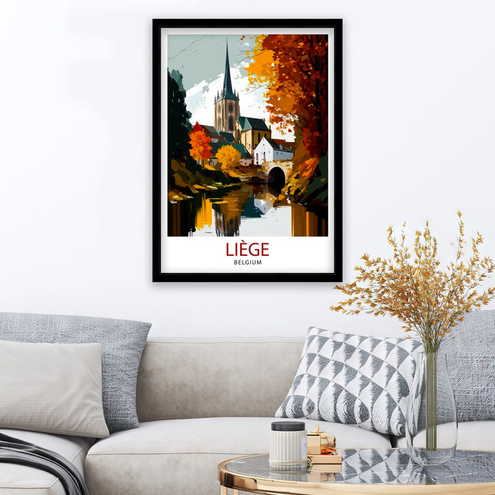Liege Belgium Travel Print Wall Decor, Home Living Decor Liege Illustration Travel Poster, Belgium Gift Home