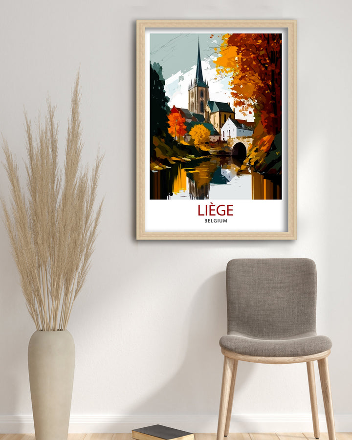 Liege Belgium Travel Print Wall Decor, Home Living Decor Liege Illustration Travel Poster, Belgium Gift Home