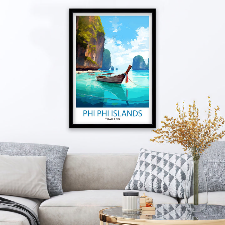 Phi Phi Islands Thailand Travel Print Tropical Wall Decor Phi Phi Islands Poster Beach Travel Prints Thailand Art Print Island Illustration