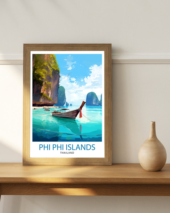 Phi Phi Islands Thailand Travel Print Tropical Wall Decor Phi Phi Islands Poster Beach Travel Prints Thailand Art Print Island Illustration