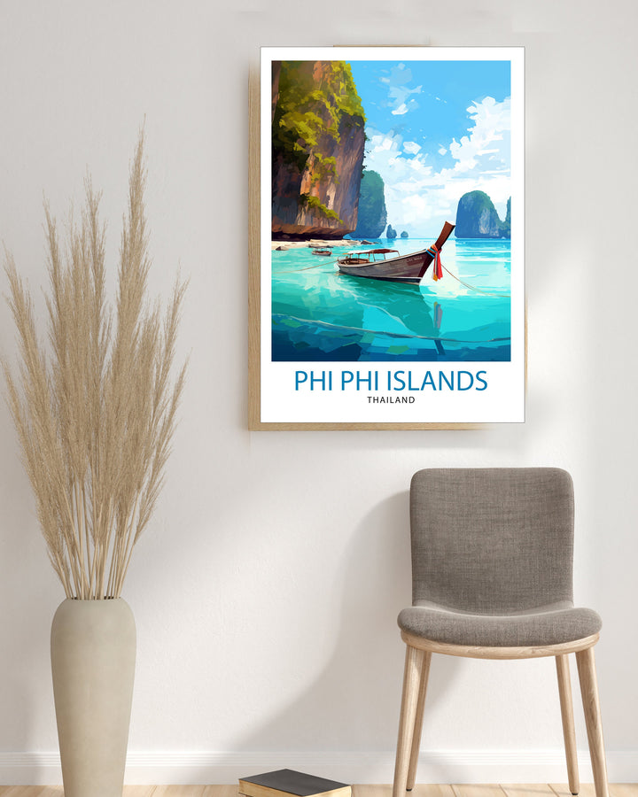 Phi Phi Islands Thailand Travel Print Tropical Wall Decor Phi Phi Islands Poster Beach Travel Prints Thailand Art Print Island Illustration