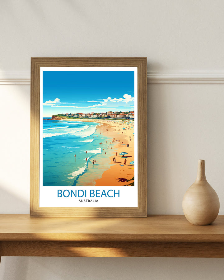 Bondi Beach Australia Travel Print Coastal Wall Decor Bondi Beach Poster Australian Beach Prints Beach Art Print Surfing Illustration Beach