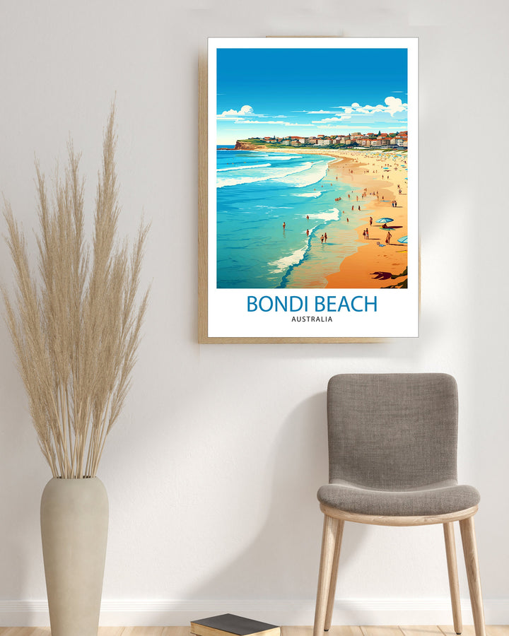 Bondi Beach Australia Travel Print Coastal Wall Decor Bondi Beach Poster Australian Beach Prints Beach Art Print Surfing Illustration Beach