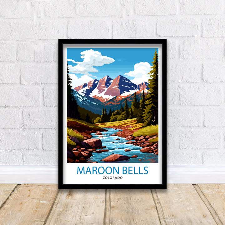 Maroon Bells Colorado Travel Print Mountain Wall Decor Maroon Bells Poster Colorado Travel Prints Nature Art Print Landscape Illustration