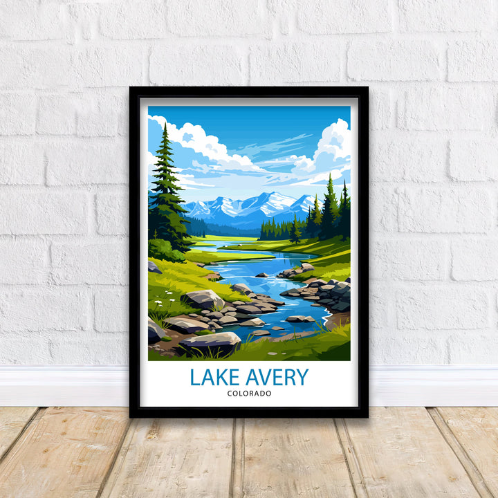 Lake Avery Travel Print| Colorado Wall Decor Lake Avery Poster Mountain Lake Prints Colorado Art Print Lake Avery Illustration Colorado Wall