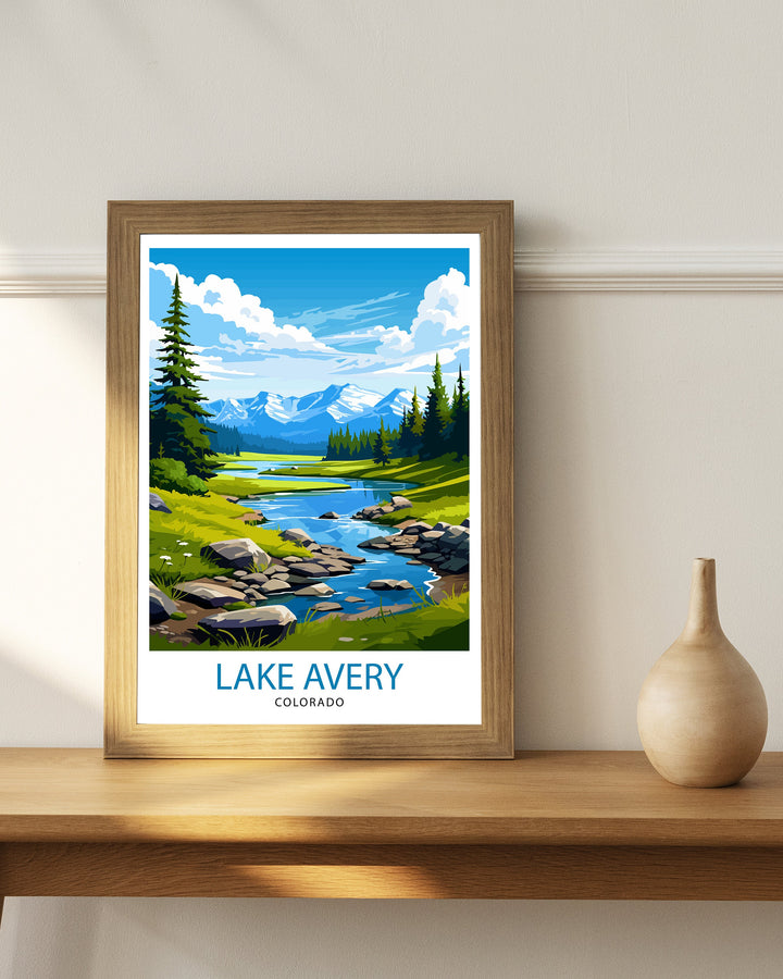 Lake Avery Travel Print| Colorado Wall Decor Lake Avery Poster Mountain Lake Prints Colorado Art Print Lake Avery Illustration Colorado Wall