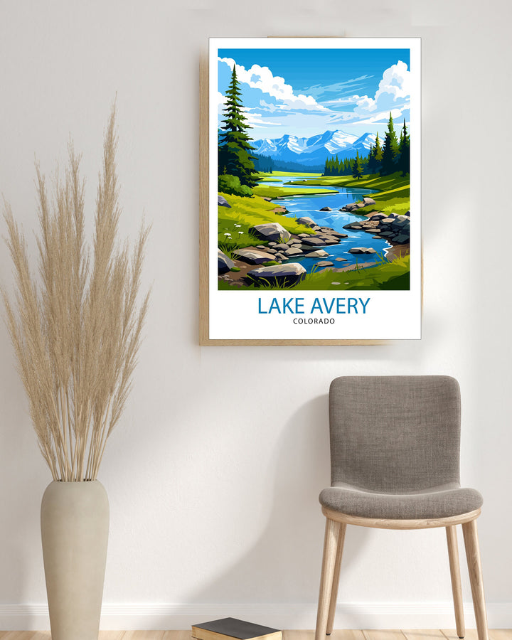Lake Avery Travel Print| Colorado Wall Decor Lake Avery Poster Mountain Lake Prints Colorado Art Print Lake Avery Illustration Colorado Wall