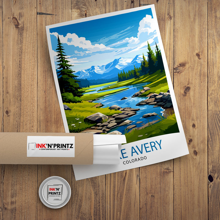 Lake Avery Travel Print| Colorado Wall Decor Lake Avery Poster Mountain Lake Prints Colorado Art Print Lake Avery Illustration Colorado Wall