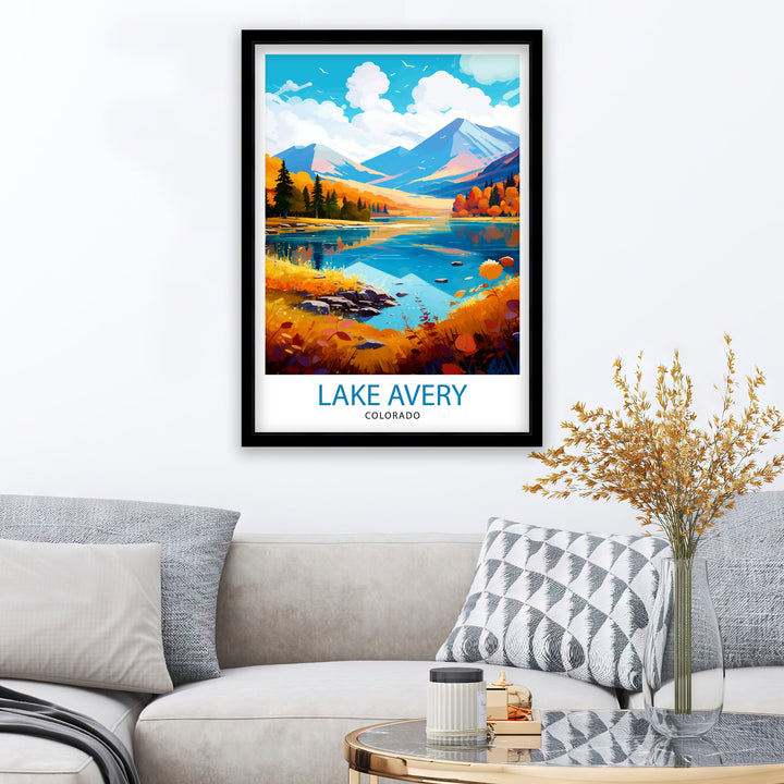 Lake Avery Travel Print| Colorado Wall Decor Lake Avery Poster Mountain Lake Prints Colorado Art Print Lake Avery Illustration Colorado Wall