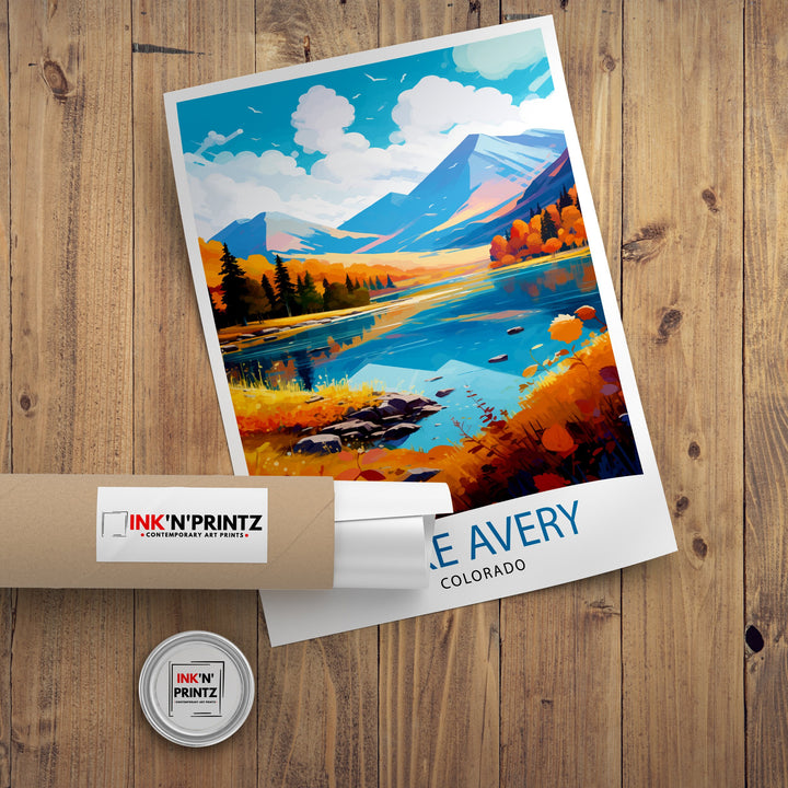 Lake Avery Travel Print| Colorado Wall Decor Lake Avery Poster Mountain Lake Prints Colorado Art Print Lake Avery Illustration Colorado Wall