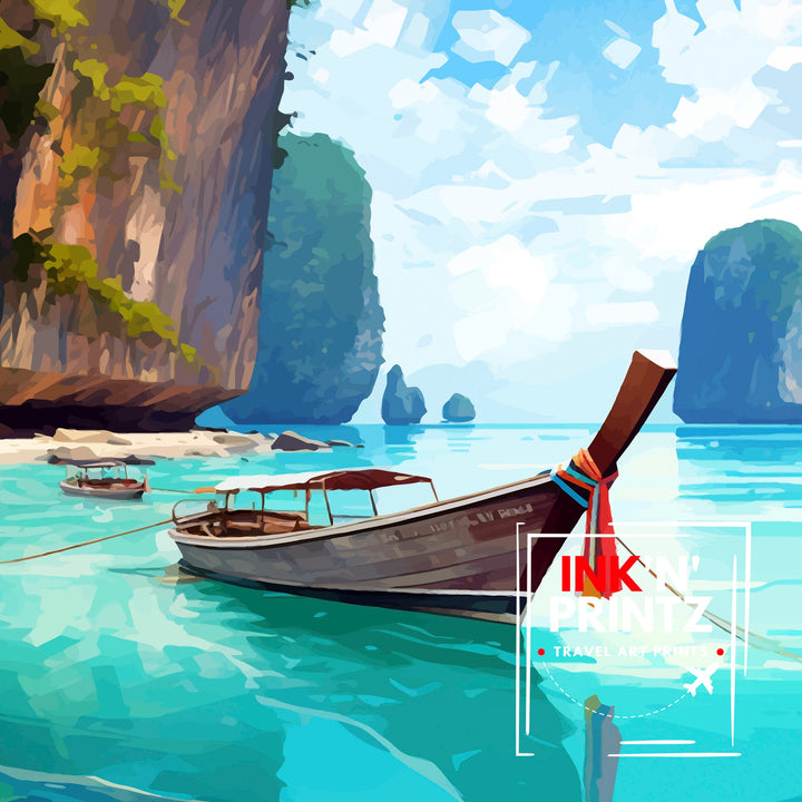 Phi Phi Islands Thailand Travel Print Tropical Wall Decor Phi Phi Islands Poster Beach Travel Prints Thailand Art Print Island Illustration