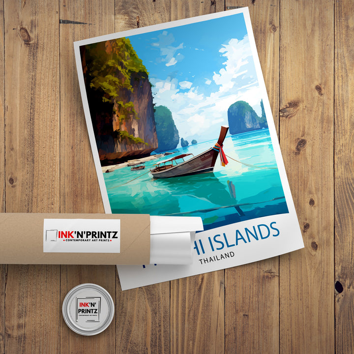 Phi Phi Islands Thailand Travel Print Tropical Wall Decor Phi Phi Islands Poster Beach Travel Prints Thailand Art Print Island Illustration