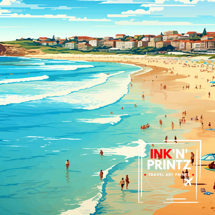 Bondi Beach Australia Travel Print Coastal Wall Decor Bondi Beach Poster Australian Beach Prints Beach Art Print Surfing Illustration Beach