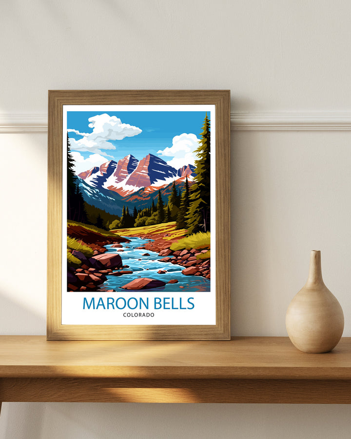 Maroon Bells Colorado Travel Print Mountain Wall Decor Maroon Bells Poster Colorado Travel Prints Nature Art Print Landscape Illustration