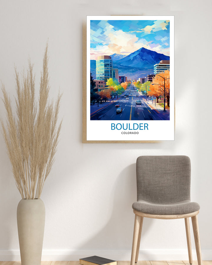 Boulder Colorado Travel Print| Colorado Wall Decor Boulder Poster Rocky Mountain Travel Prints Colorado Art Print Boulder Illustration