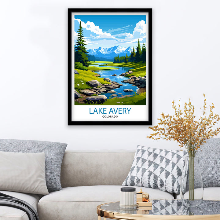Lake Avery Travel Print| Colorado Wall Decor Lake Avery Poster Mountain Lake Prints Colorado Art Print Lake Avery Illustration Colorado Wall