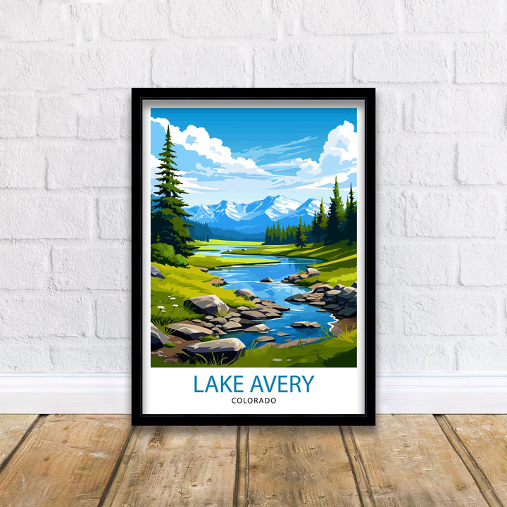 Lake Avery Travel Print| Colorado Wall Decor Lake Avery Poster Mountain Lake Prints Colorado Art Print Lake Avery Illustration Colorado Wall