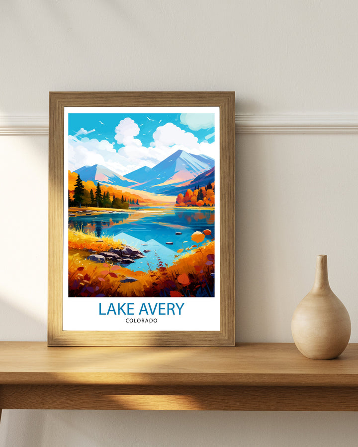 Lake Avery Travel Print| Colorado Wall Decor Lake Avery Poster Mountain Lake Prints Colorado Art Print Lake Avery Illustration Colorado Wall