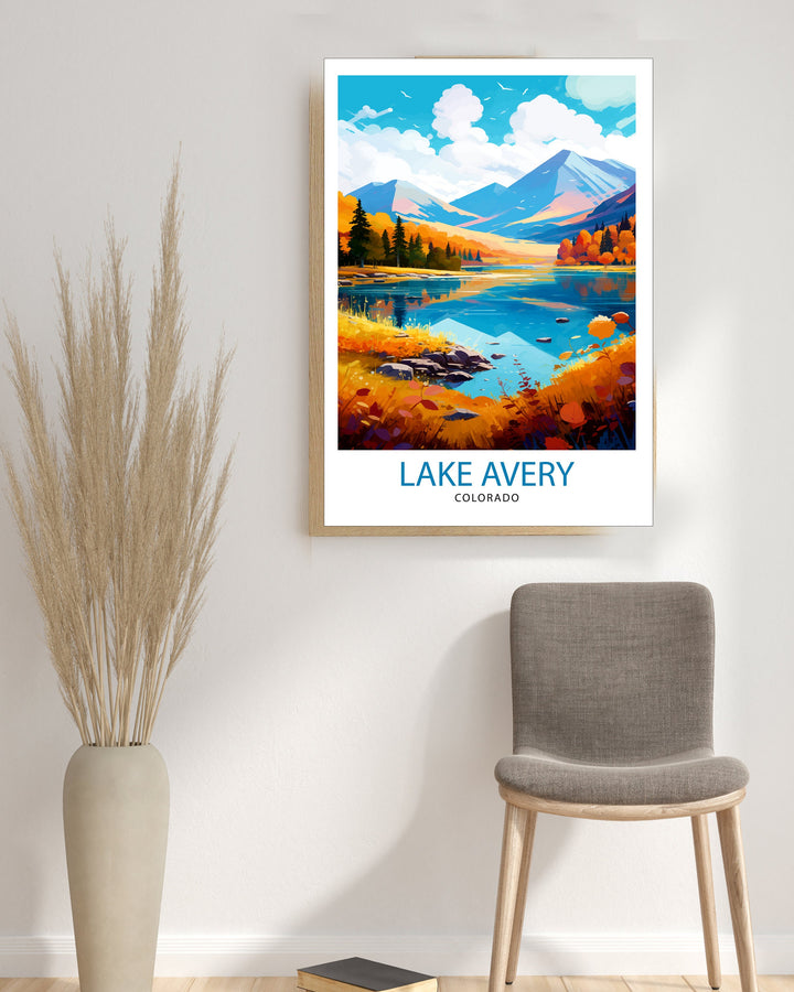 Lake Avery Travel Print| Colorado Wall Decor Lake Avery Poster Mountain Lake Prints Colorado Art Print Lake Avery Illustration Colorado Wall