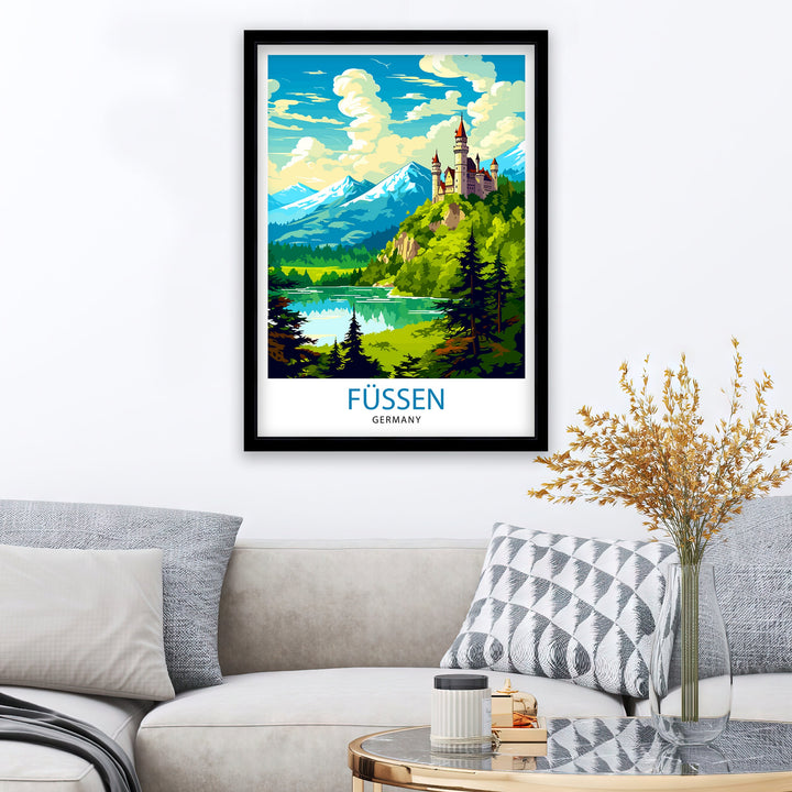 Fussen Germany Travel Print Bavarian Alps Poster Neuschwanstein Castle Art Fussen Landscape Decor German Town Illustration Gift Idea