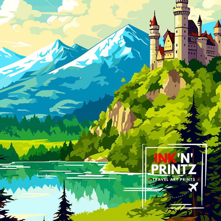 Fussen Germany Travel Print Bavarian Alps Poster Neuschwanstein Castle Art Fussen Landscape Decor German Town Illustration Gift Idea