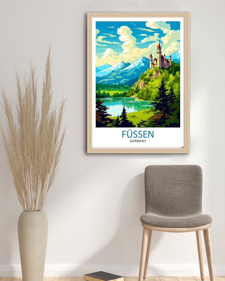 Fussen Germany Travel Print Bavarian Alps Poster Neuschwanstein Castle Art Fussen Landscape Decor German Town Illustration Gift Idea