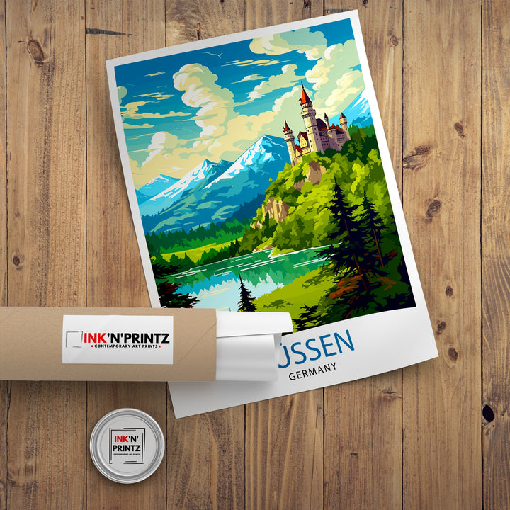 Fussen Germany Travel Print Bavarian Alps Poster Neuschwanstein Castle Art Fussen Landscape Decor German Town Illustration Gift Idea