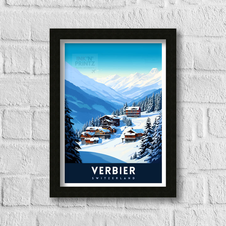Verbier Ski Resort Print Swiss Alps Winter Scene Wall Art Verbier Poster Skiing Travel Decor Mountain Landscape Gift for Skiers