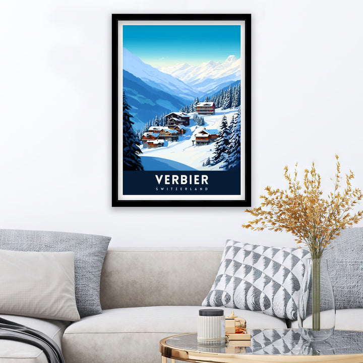 Verbier Ski Resort Print Swiss Alps Winter Scene Wall Art Verbier Poster Skiing Travel Decor Mountain Landscape Gift for Skiers