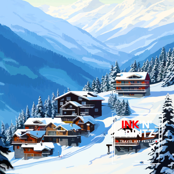 Verbier Ski Resort Print Swiss Alps Winter Scene Wall Art Verbier Poster Skiing Travel Decor Mountain Landscape Gift for Skiers