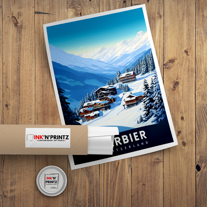Verbier Ski Resort Print Swiss Alps Winter Scene Wall Art Verbier Poster Skiing Travel Decor Mountain Landscape Gift for Skiers