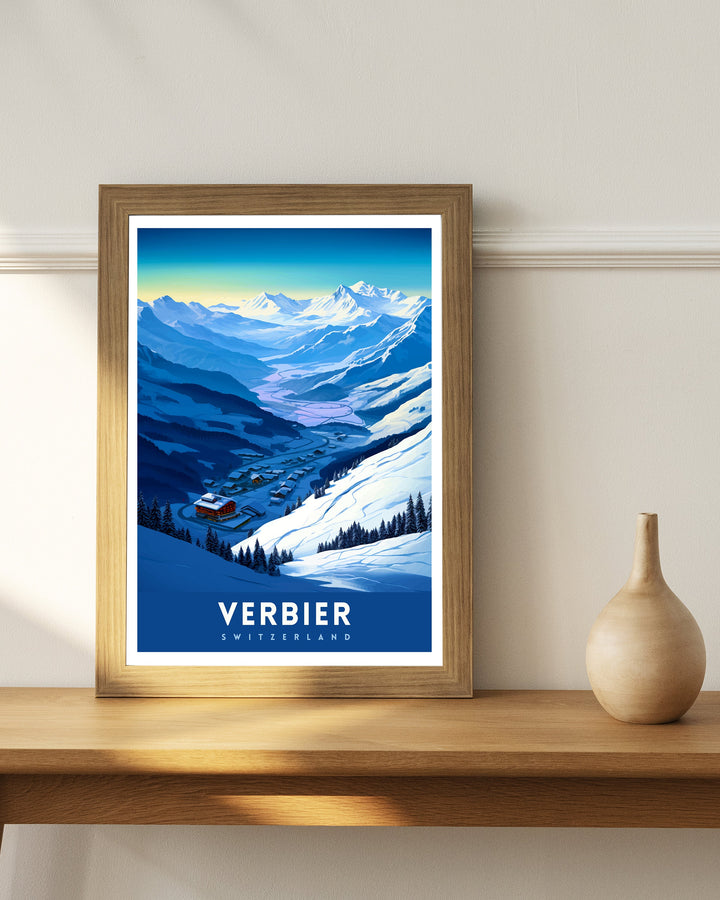 Verbier Ski Resort Print Swiss Alps Winter Scene Wall Art Verbier Poster Skiing Travel Decor Mountain Landscape Gift for Skiers