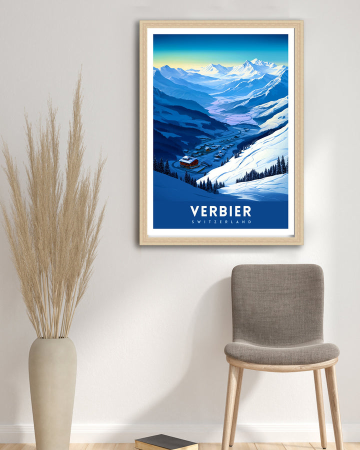 Verbier Ski Resort Print Swiss Alps Winter Scene Wall Art Verbier Poster Skiing Travel Decor Mountain Landscape Gift for Skiers
