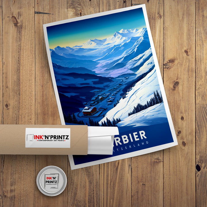 Verbier Ski Resort Print Swiss Alps Winter Scene Wall Art Verbier Poster Skiing Travel Decor Mountain Landscape Gift for Skiers