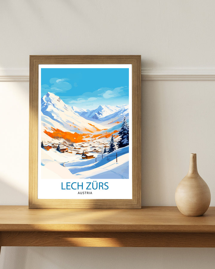 Lech Zurs am Arlberg Austria Travel Print Skiing Wall Decor Alpine Home Living Decor Austria Illustration Travel Poster Gift for Ski Lovers