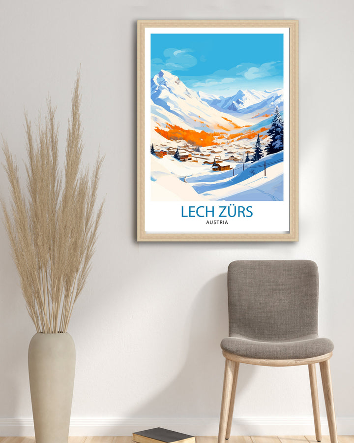 Lech Zurs am Arlberg Austria Travel Print Skiing Wall Decor Alpine Home Living Decor Austria Illustration Travel Poster Gift for Ski Lovers