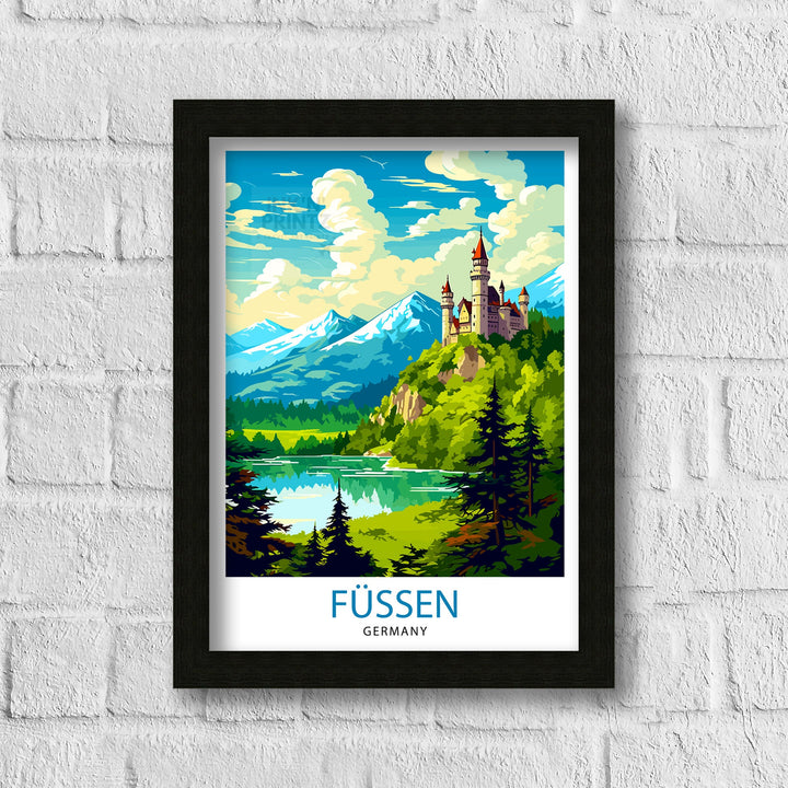 Fussen Germany Travel Print Bavarian Alps Poster Neuschwanstein Castle Art Fussen Landscape Decor German Town Illustration Gift Idea