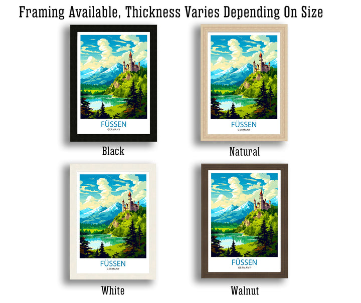 Fussen Germany Travel Print Bavarian Alps Poster Neuschwanstein Castle Art Fussen Landscape Decor German Town Illustration Gift Idea
