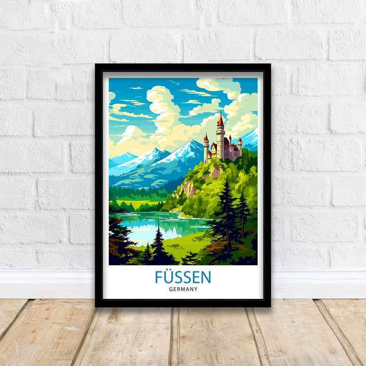 Fussen Germany Travel Print Bavarian Alps Poster Neuschwanstein Castle Art Fussen Landscape Decor German Town Illustration Gift Idea