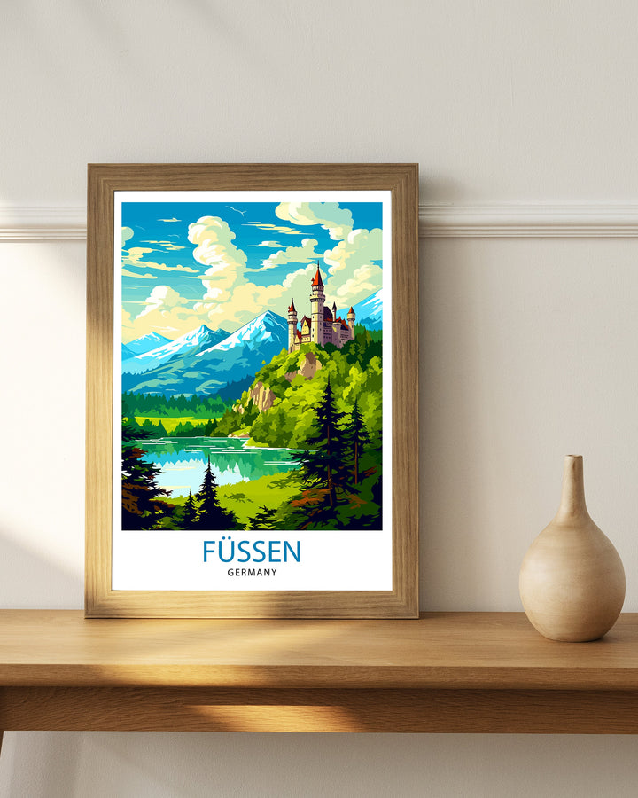 Fussen Germany Travel Print Bavarian Alps Poster Neuschwanstein Castle Art Fussen Landscape Decor German Town Illustration Gift Idea