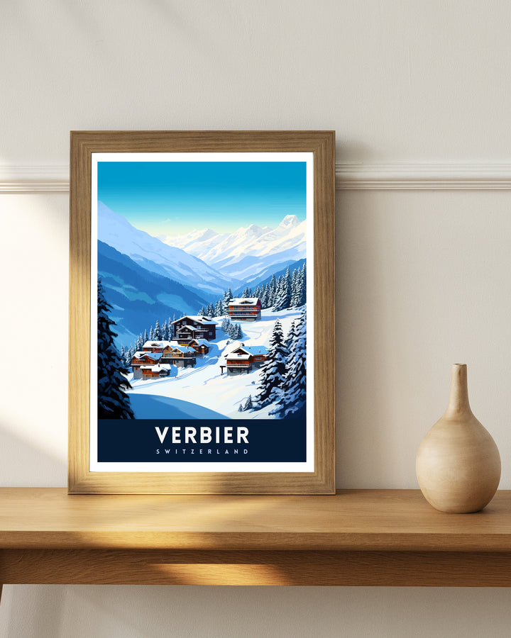 Verbier Ski Resort Print Swiss Alps Winter Scene Wall Art Verbier Poster Skiing Travel Decor Mountain Landscape Gift for Skiers