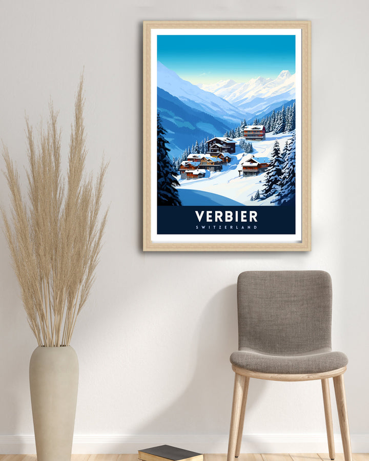 Verbier Ski Resort Print Swiss Alps Winter Scene Wall Art Verbier Poster Skiing Travel Decor Mountain Landscape Gift for Skiers