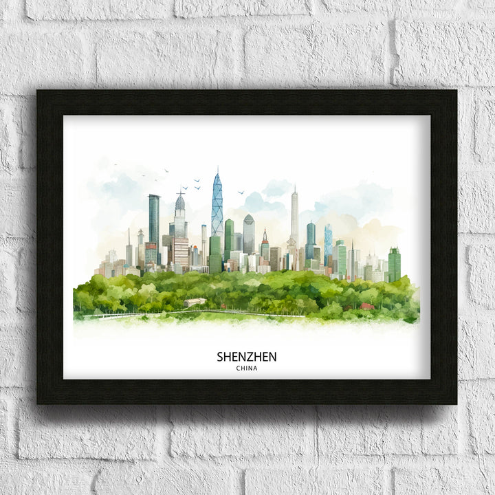 Shenzhen China Print Modern Cityscape Art Futuristic Skyline Poster Chinese Metropolis Wall Decor Urban Landscape Illustration Asian City