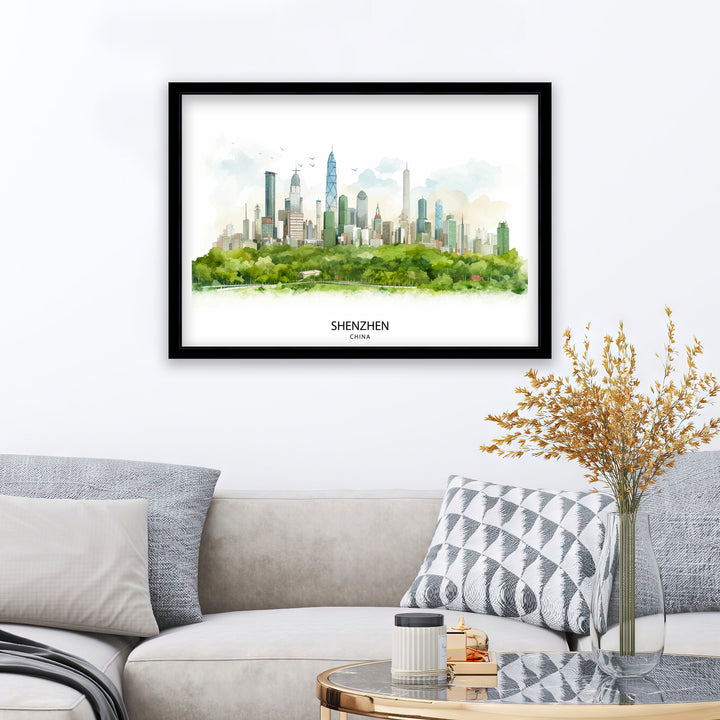 Shenzhen China Print Modern Cityscape Art Futuristic Skyline Poster Chinese Metropolis Wall Decor Urban Landscape Illustration Asian City